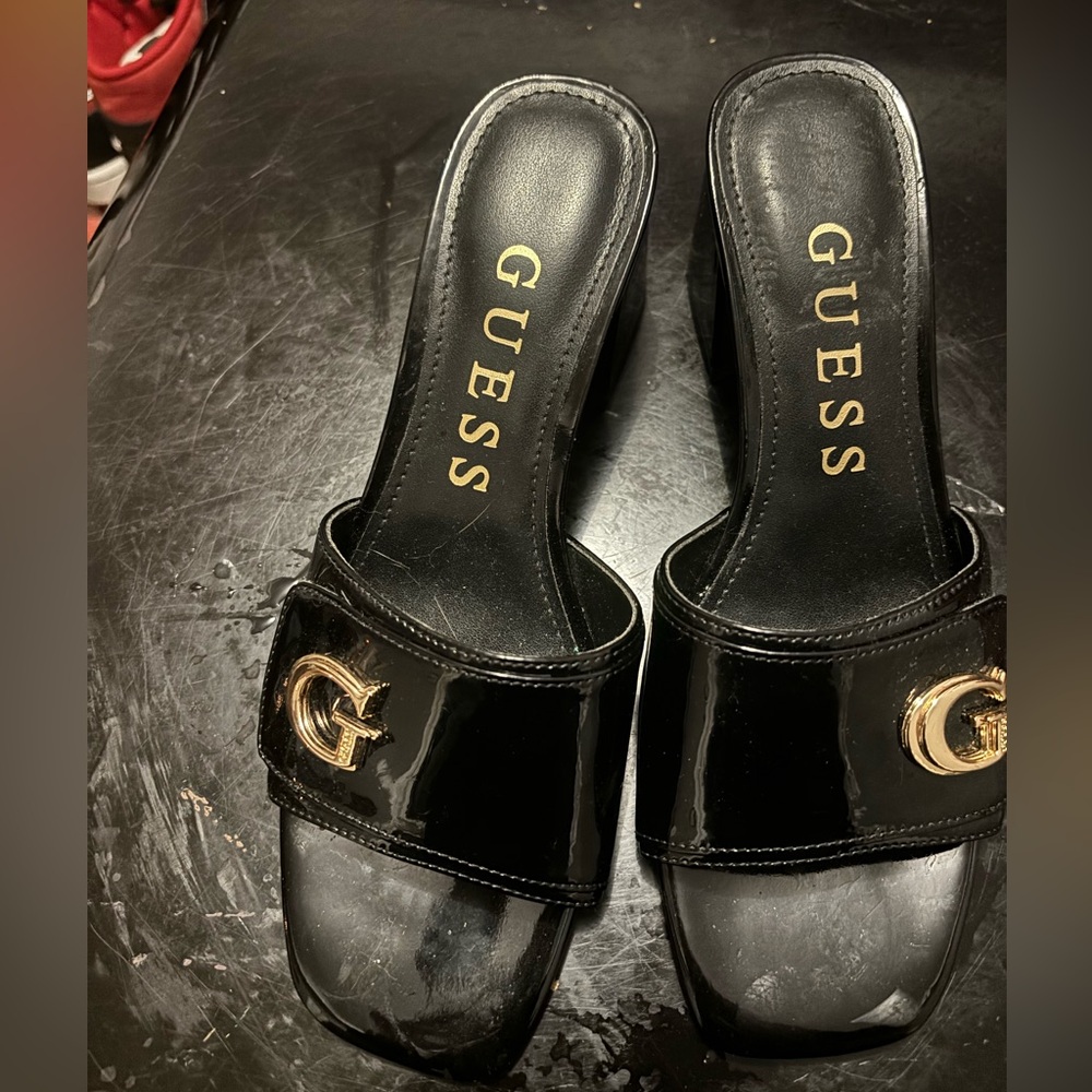GUESS size 6.5 slip on shoe. Black patent leather. Worn once. NO BOX